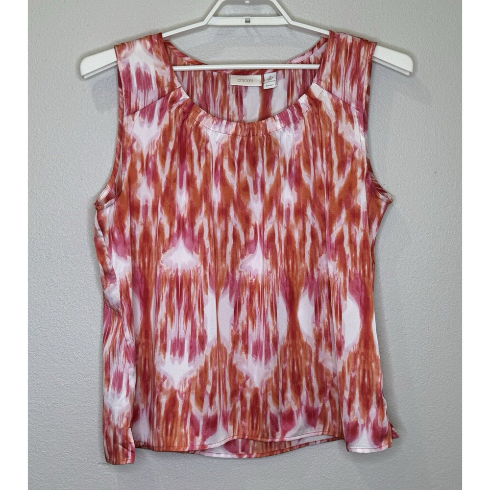Chico's Sweet Mirage Toria Womens Tank Top Sz 3 Pink Orange Print Round Neck NWT